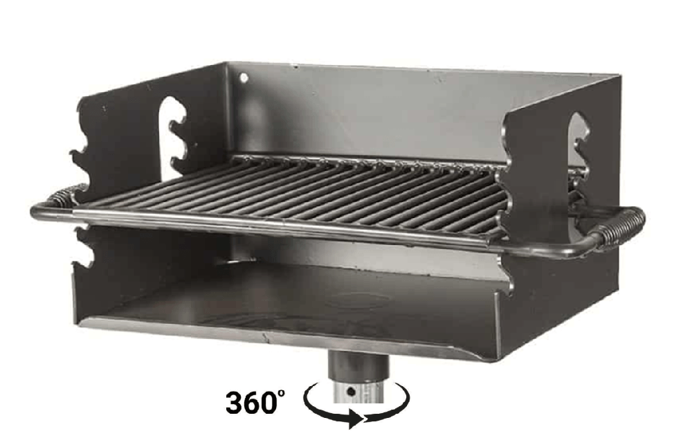 Commercial park grill with 360 degree rotating firebox mounted on a pedestal for flexible cooking angles and improved safety in outdoor environments